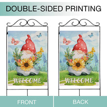 Load image into Gallery viewer, Hzppyz Welcome Spring Gnome Sunflower Wild Flower House Flag Double Sided, Red Polka Dots Hat Butterfly Floral Decorative Garden Yard Outdoor Large Decor, Summer Seasonal Home Outside Decoration 28x40
