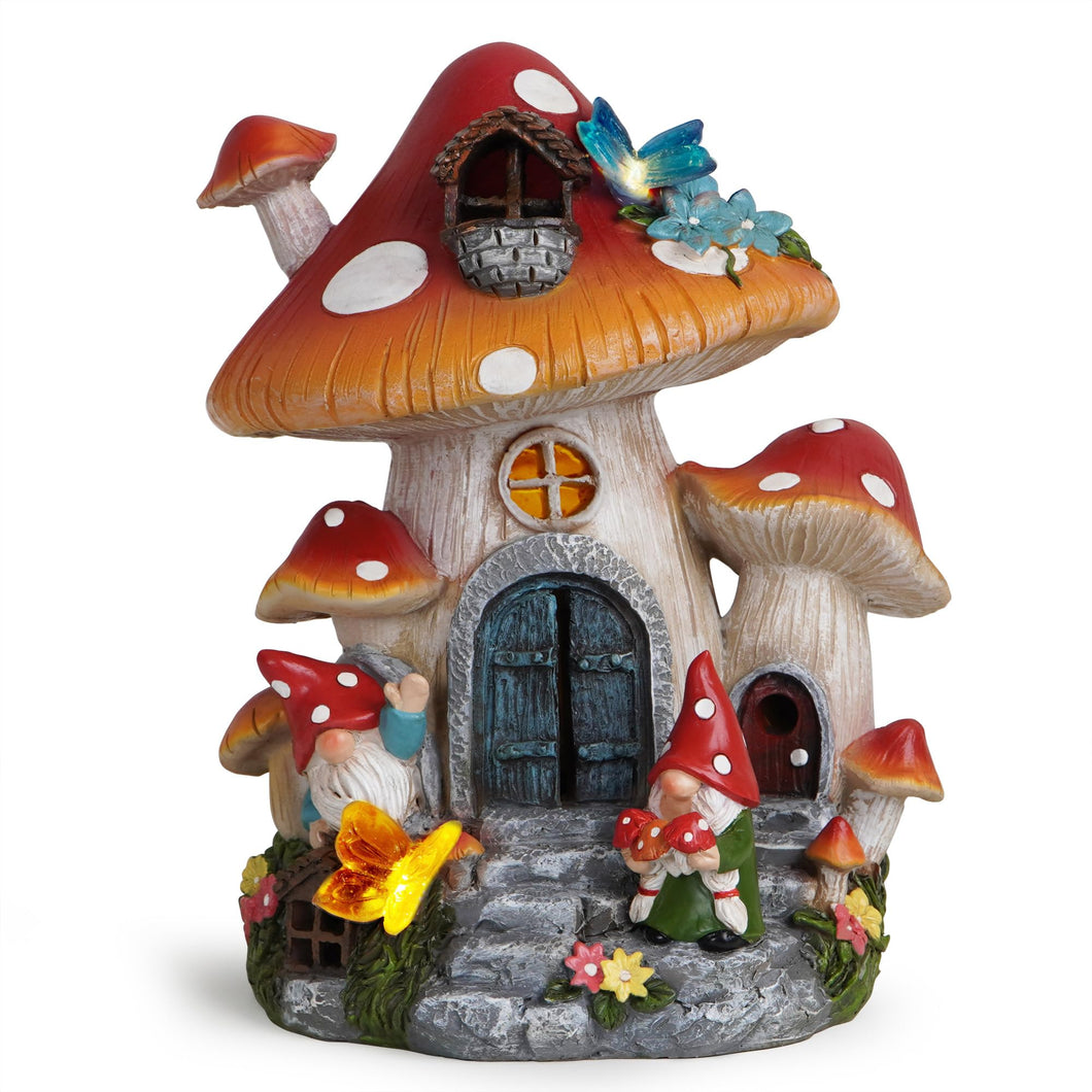 Hodao Spring Garden Mushroom Gnomes Decorations Mushroom House Ornaments Decor Gifts Summer Gnomes Figurines Spring Butterfly Lighting Mushroom House for Garden Decor Spring Gifts for Outdoor Decor