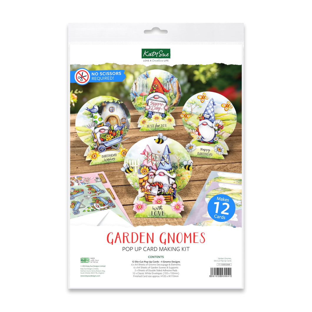 Katy Sue Garden Gnomes Die-Cut Pop-Up Card Making Kit for Adults. Makes 12 Cards & Contains Gnome or Gonk Die-Cut Decoupage Paper Sheets, Supports, Envelopes & Foam Pads for Card Making Supplies