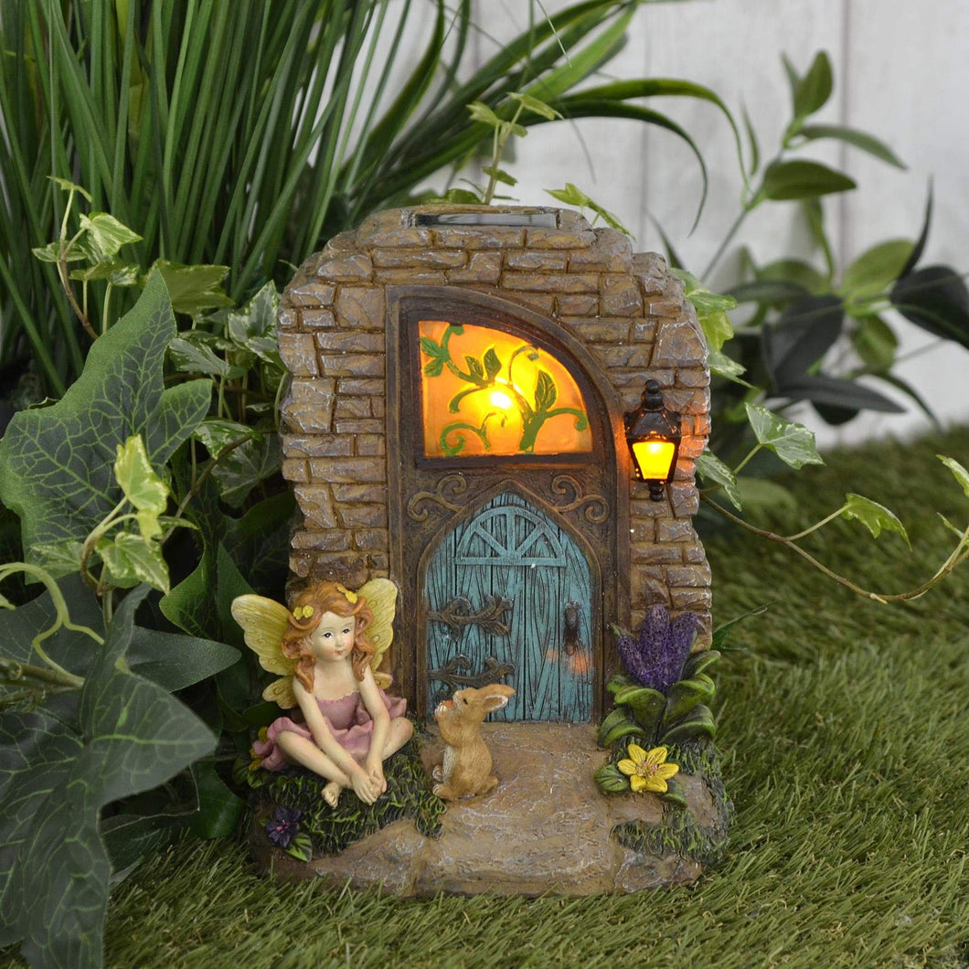 Azuma Fairy Door Solar Powered Garden Ornament Yellow LED Lights Outdoor - Fairy