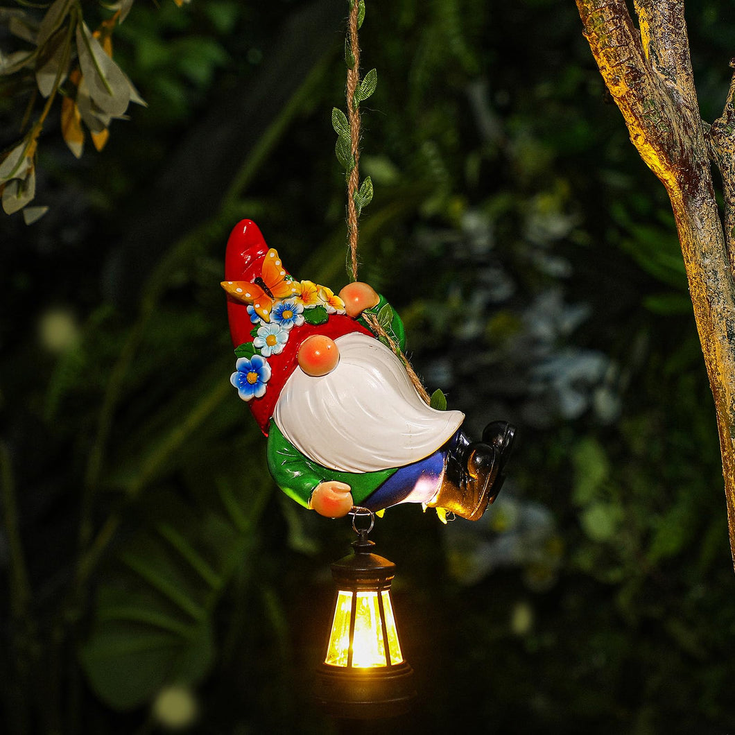 Rossesay Summer Climbing Gnomes Statue Figurine Ornament 8'' H Hanging Garden Outdoor Statues with LED Lantern Hook Gnomes Decorations for Yard Resin Solar Gnomes Decor for Outside Indoor Tree