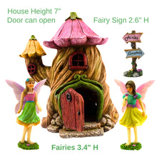 Load image into Gallery viewer, PRETMANNS Fairy Garden House Kit, with Accessories Figurines &amp; Sign – House &amp; Fairies for an Outdoor Miniature Garden – Door can open wide - 4 Pieces
