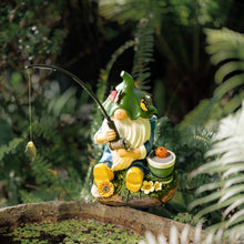 Load image into Gallery viewer, TERESA&#39;S COLLECTIONS Garden Ornaments Outdoor, Lovely Fishing Gnomes with Flowers and Solar Lights, Family Gnomes Series, Waterproof Resin Ornaments, Garden Decorations Gifts Indoor Outdoor 23CM
