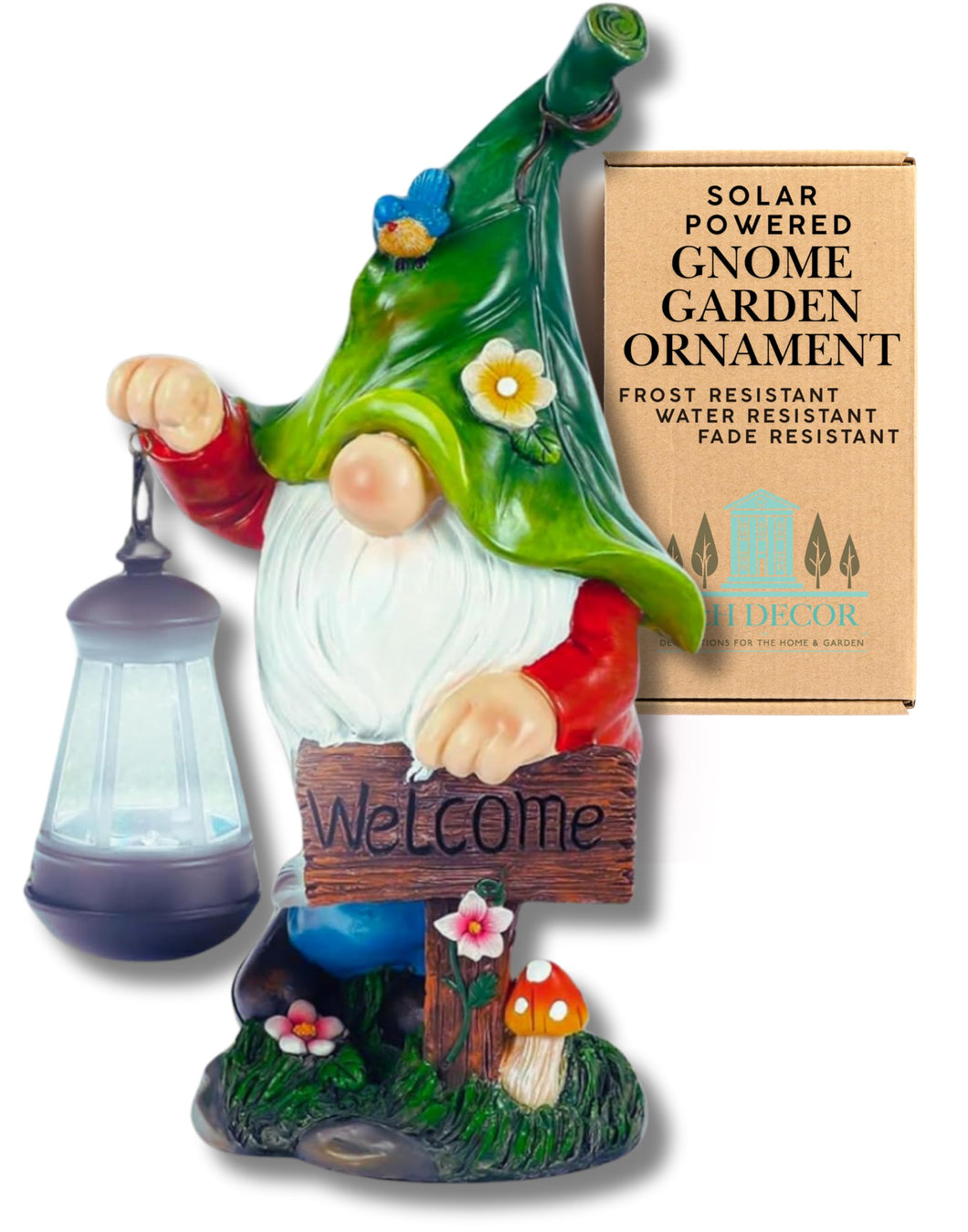 G&H Decor - Solar Gnome Decoration - Hand Painted Garden Gnome Solar with Amazing Detail - Funny Resin Solar Gnomes Garden Figurines for Outdoor - Gnome Solar Lights with Welcome Sign (Lantern)