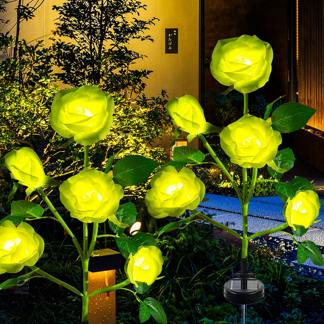 XVZ 2 Pack Solar Powered Rose Lights, Yellow, Waterproof, Outdoor Garden Patio Yard Pathway Party Decoration