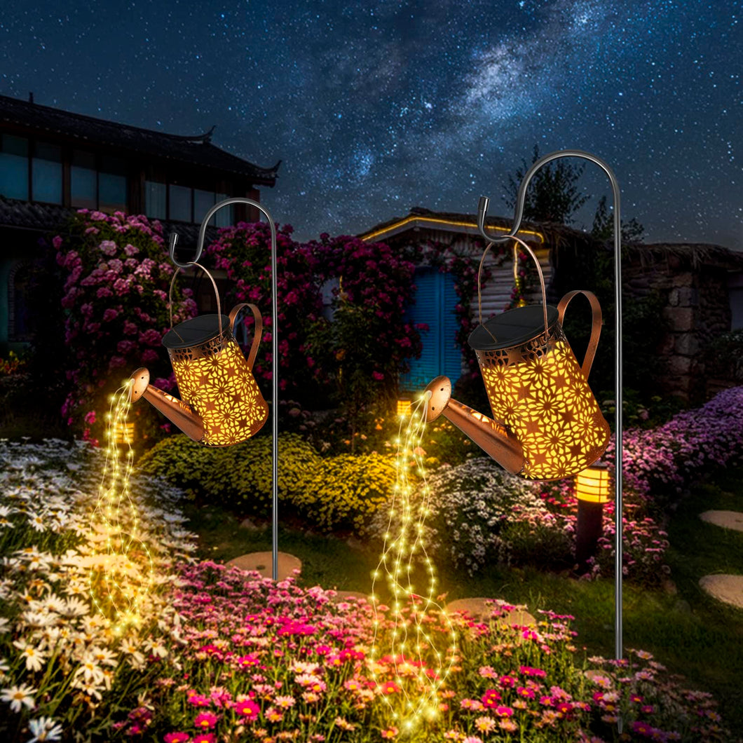 FLSEPAMB Watering Can Solar Lights Garden (2 Pack), IP65 Watering Can with Cascading Lights, Warm Watering Garden Light Decor with Bracket for Pathway, Yard, Patio, Backyard, Bronze, (HSD)