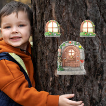Load image into Gallery viewer, Exasinine 6 Pcs Fairy Door and Windows for Trees Glow in The Dark Fairy Doors Miniature Fairy Garden Accessories for Wall Tree Fairy Garden Outdoor Decor with Tree Stump, 2 Fairy Lanterns
