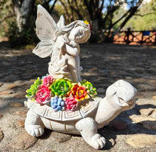 Load image into Gallery viewer, Solar Fairy Garden Statue - Angel Fairy on Turtle Figurine Outdoor Statue, Lovely Tortoise Garden Statue with 5 LED Lights Succulent Plants, Perfect Balcony Lawn Garden Decor Gift for Mom or Grandma

