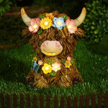 Load image into Gallery viewer, Colingmill Highland Cow Gnomes Resin, Garden Highland Cow Statue Solar Outdoor Decor with Flower Decoration for Patio, Yard, Gift for Mom, Cow Lovers(Bright)
