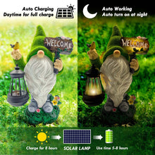 Load image into Gallery viewer, Lovinland Garden Gnome Statue Outdoor Decor Large Flocked Resin Gnome Figurine with Solar Light Holding Lantern Welcome Sign Garden Yard Decorations Dwarf Sculpture for Outside Patio Porch Lawn Decor
