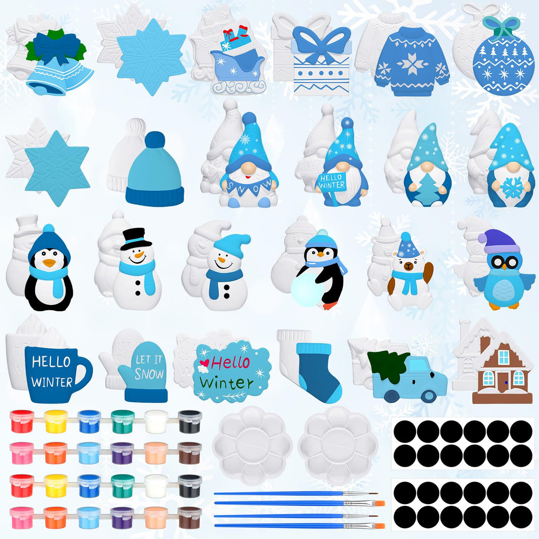 Simgoing 24 Sets Winter Ceramic Painting Kit Include 24 Unpainted Ceramics with Acrylic Paints Paintbrushes Palettes Magnets DIY Ceramic Figurines Gnome Snowflake Snowman Ready to Paint Ceramics Set