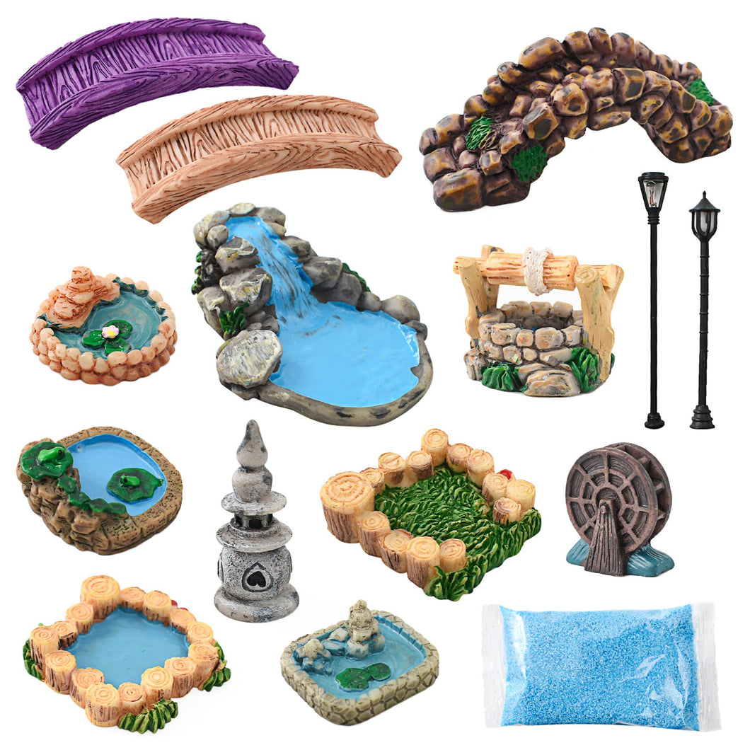 HUIANER Miniature Fairy Garden Accessories 15pcs Miniature Garden Bridge Figurines Mini Lighthouse Water Well Light Miniature Pond Lawn Garden Ornament for DIY Craft Garden Dollhouse Decoration