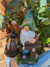 Load image into Gallery viewer, G&amp;H Decor - Solar Gnome Decoration - Hand Painted Garden Gnome Solar with Amazing Detail - Funny Resin Solar Gnomes Garden Figurines for Outdoor - Gnome Solar Lights with Welcome Sign (Lantern)
