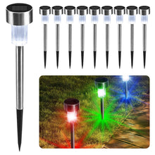 Load image into Gallery viewer, CUQOO Solar Garden Stake Lights – 10 Pack Colour-Changing LED, Weatherproof Stainless Steel Solar Lights for Outdoor Pathway Lighting – Rechargeable with Automatic Night Activation [Energy Class A+]

