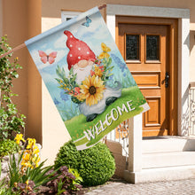 Load image into Gallery viewer, Hzppyz Welcome Spring Gnome Sunflower Wild Flower House Flag Double Sided, Red Polka Dots Hat Butterfly Floral Decorative Garden Yard Outdoor Large Decor, Summer Seasonal Home Outside Decoration 28x40
