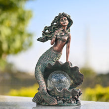 Load image into Gallery viewer, TERESA'S COLLECTIONS Mermaid Garden Statues with Solar Outdoor Lights for Outdoor Decor, Bronze Patina Fairy Sculptures &amp; Statues, Mermaid Figurines Garden Decor Gifts for Mom Yard Decor, 13"
