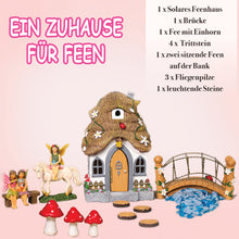 Load image into Gallery viewer, Resin Fairy Garden Set, Glow in the Dark Garden Accessories, 18 cm Fairy House with Hinged Door and Solar LED Light, Luminous Stones, Fairy with Unicorn,
