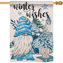 Load image into Gallery viewer, Covido Home Decorative Winter Wishes Gnome House Flag, Garden Yard Owl Snowman Coffee Book Stars Pine Trees Outside Blue Decoration, Christmas Holiday Outdoor Large Burlap Decor Double Sided 28 x 40
