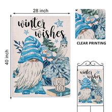 Load image into Gallery viewer, Covido Home Decorative Winter Wishes Gnome House Flag, Garden Yard Owl Snowman Coffee Book Stars Pine Trees Outside Blue Decoration, Christmas Holiday Outdoor Large Burlap Decor Double Sided 28 x 40
