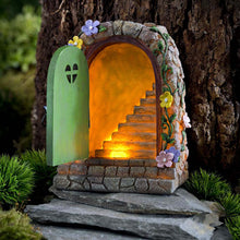 Load image into Gallery viewer, Jauhmui Fairy Garden Door - Glow in the Dark Miniature Tree Trunk, Retro &amp; Mystical Elf Door, Solar Lights Statues, Garden Trees Decoration
