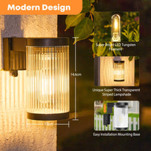 Load image into Gallery viewer, LETMY Solar Fence Lights Outdoor Garden, 2 Pack Super Bright Solar Wall Lights Outdoor with LED Tungsten Filament, Waterproof Garden Lights Solar Powered for Patio Yard Fence Decoration(Warm White)
