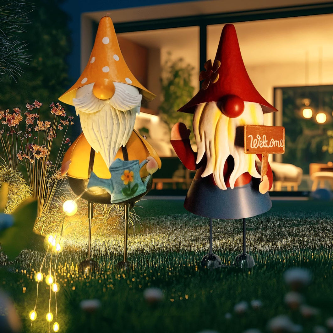 HONGLAND Metal Gnome Yard Art -18 Inch Garden Gnomes Statues Outdoor Decor with Watering Can Solar Lights -3D Outdoor Figurines for Patio Yard Lawn Porch Ornament Gardening Gifts
