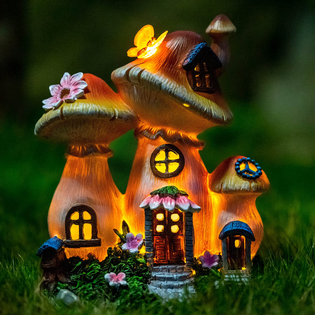 Candieslife Solar Garden Statue Lights Mushroom Fairy House Figurine, Outdoor Memorial Garden Ornaments Gift Waterproof Decoration for Outside Patio Yard Lawn Decor