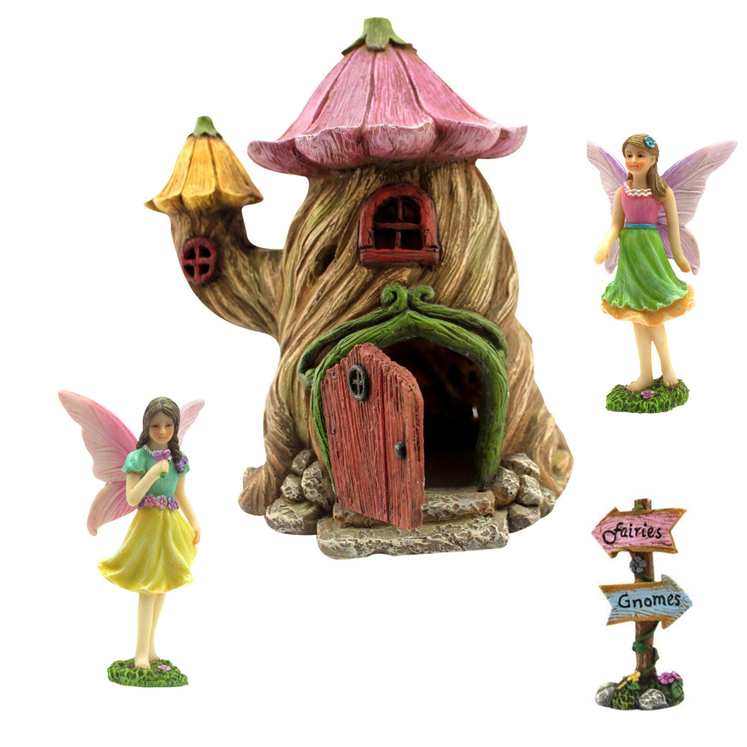 PRETMANNS Fairy Garden House Kit, with Accessories Figurines & Sign – House & Fairies for an Outdoor Miniature Garden – Door can open wide - 4 Pieces