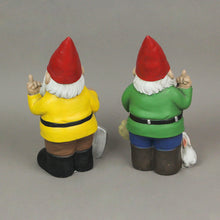 Load image into Gallery viewer, Yellow &amp; Green Go Away Giving The Bird Garden Gnome Funny Outdoor Sculpture Set
