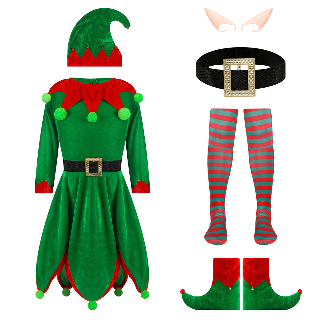 QiaoPkeb 6-piece women's holiday elf costume velvet dress Christmas carnival role-playing elf hat shoes ear strap socks (L)