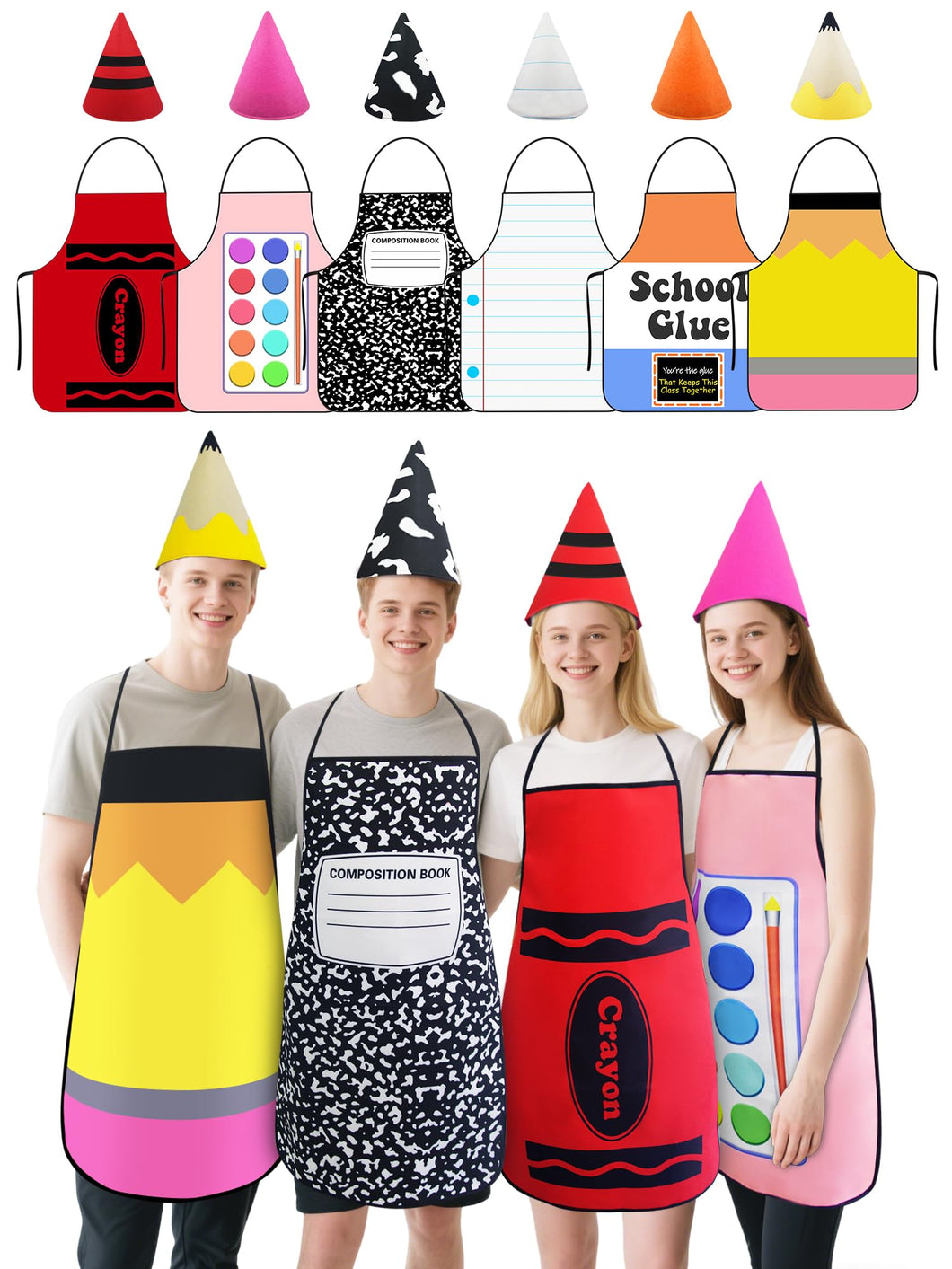Yudlto 6 Set Crayon Costume Color Crayon Apron and Funny Gnome Cone Hats School Crayon Costume Adult Family for World Book Day Halloween Fancy Dress up