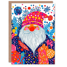 Load image into Gallery viewer, Wee Blue Coo Greeting Card Modern Folk Art Garden Gnome Vibrant Colourful Blank For Him Or Her Art Xmas Christmas Card
