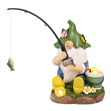 Load image into Gallery viewer, TERESA&#39;S COLLECTIONS Garden Ornaments Outdoor, Lovely Fishing Gnomes with Flowers and Solar Lights, Family Gnomes Series, Waterproof Resin Ornaments, Garden Decorations Gifts Indoor Outdoor 18.4CM

