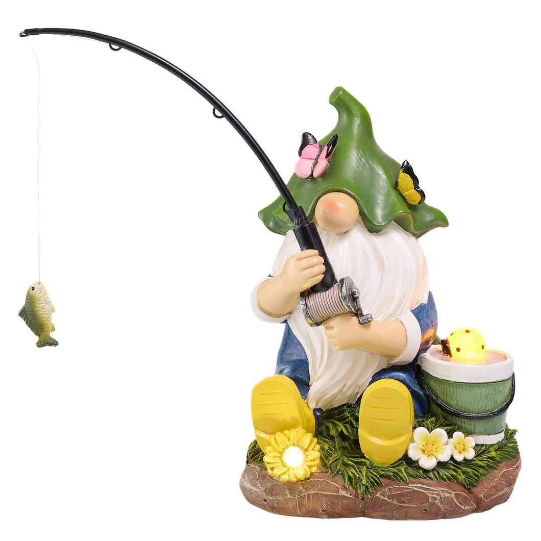 TERESA'S COLLECTIONS Garden Ornaments Outdoor, Lovely Fishing Gnomes with Flowers and Solar Lights, Family Gnomes Series, Waterproof Resin Ornaments, Garden Decorations Gifts Indoor Outdoor 23CM