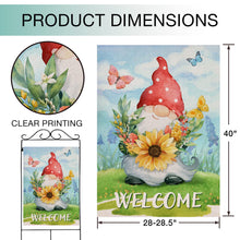 Load image into Gallery viewer, Hzppyz Welcome Spring Gnome Sunflower Wild Flower House Flag Double Sided, Red Polka Dots Hat Butterfly Floral Decorative Garden Yard Outdoor Large Decor, Summer Seasonal Home Outside Decoration 28x40
