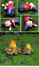 Load image into Gallery viewer, Set of 4 Mini Garden Gnomes with Campfire - 3 Drunk Gnome Figurines and 1 Campfire for Fairy Garden Decor, Plant Pot Decorations, Dashboard Ornaments, and Outdoor Spaces
