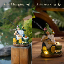 Load image into Gallery viewer, TERESA&#39;S COLLECTIONS Garden Ornaments Outdoor, Lovely Fishing Gnomes with Flowers and Solar Lights, Family Gnomes Series, Waterproof Resin Ornaments, Garden Decorations Gifts Indoor Outdoor 18.4CM
