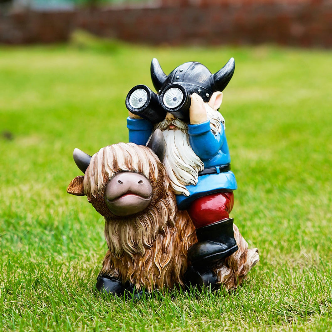 Joint Honglin Garden Gnome Statues Resin Gnome Sitting on Highland Cow Solar Lights Outdoor Telescope Gnome Gifts for Yard, Patio Decor Gift(Cow Gnome)