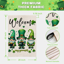 Load image into Gallery viewer, FUYUCHEN Welcome St Patricks Day Gnomes House Flag 28x40 Inch Double Sided Shamrock Lucky Clover Holiday Yard Large Flag Outdoor Decoration
