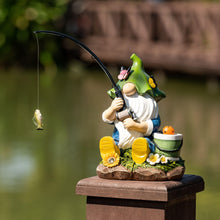 Load image into Gallery viewer, TERESA&#39;S COLLECTIONS Garden Ornaments Outdoor, Lovely Fishing Gnomes with Flowers and Solar Lights, Family Gnomes Series, Waterproof Resin Ornaments, Garden Decorations Gifts Indoor Outdoor 23CM

