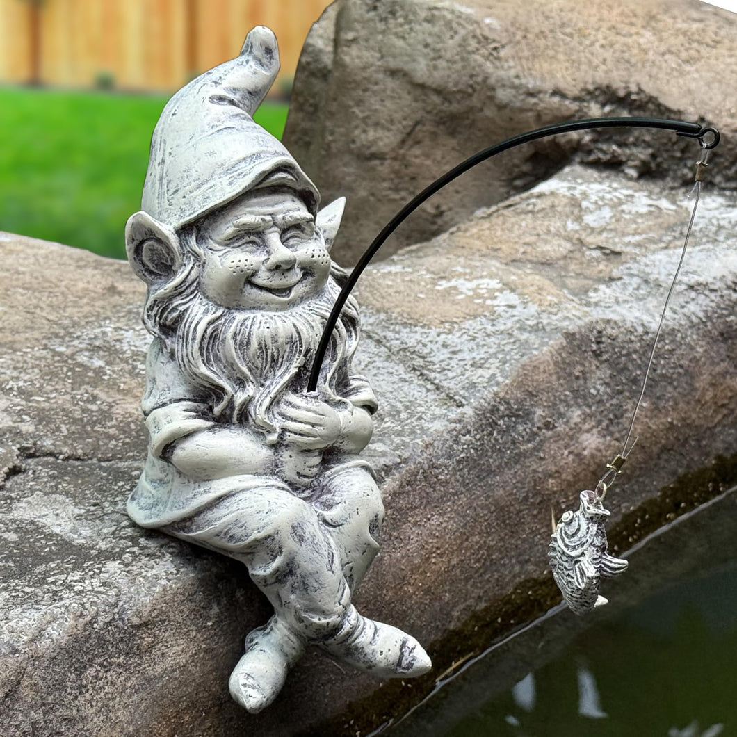 GARDEN WHISPER Gnome Statue Outdoor Garden Pond Koi Decoration, Fishing Gnome Sculpture Garden Koi Pond or Waterfall Decor, 9.7