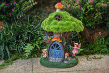 Load image into Gallery viewer, TERESA&#39;S COLLECTIONS Fairy House Outdoor Statues with Solar Light for Garden Decor, Green Moss Resin Outdoor Cottage with Swinging Fairy, Lawn Ornaments Yard Decor Gifts for Mom Women, 8&quot;
