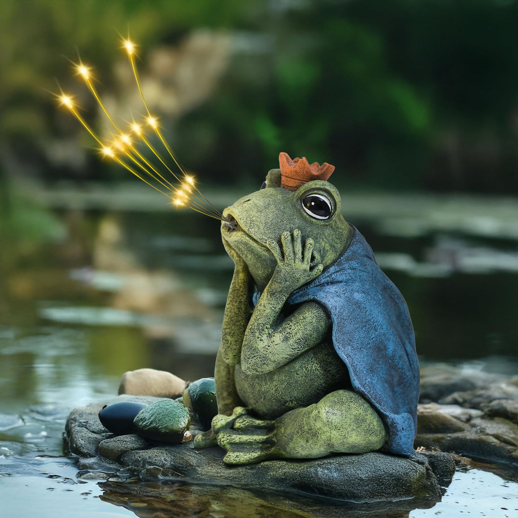 hvfun Solar-Powered Frog Prince Spitting LED Light – Resin Garden Statue with Waterproof Design