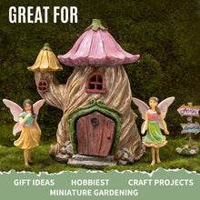 Load image into Gallery viewer, PRETMANNS Fairy Garden House Kit, with Accessories Figurines &amp; Sign – House &amp; Fairies for an Outdoor Miniature Garden – Door can open wide - 4 Pieces
