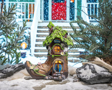 Load image into Gallery viewer, TERESA'S COLLECTIONS Boot Fairy House Garden Statues with Solar Outdoor Light, Resin Fairy Garden Accessories Outdoor Christmas Decorations Lawn Ornaments Yard Decor Thanksgiving Gifts for Mom, 8.5"
