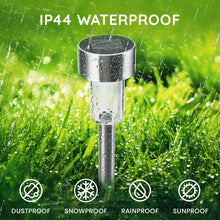 Load image into Gallery viewer, CUQOO Solar Garden Stake Lights – 10 Pack Colour-Changing LED, Weatherproof Stainless Steel Solar Lights for Outdoor Pathway Lighting – Rechargeable with Automatic Night Activation [Energy Class A+]
