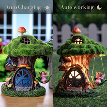 Load image into Gallery viewer, TERESA&#39;S COLLECTIONS Fairy House Outdoor Statues with Solar Light for Garden Decor, Green Moss Resin Outdoor Cottage with Swinging Fairy, Lawn Ornaments Yard Decor Gifts for Mom Women, 8&quot;
