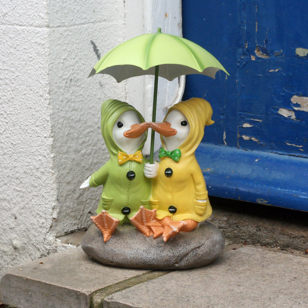 Shudehill Dilly and Dally Puddle Ducks Sitting with Umbrella Garden Ornament