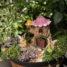 Load image into Gallery viewer, PRETMANNS Fairy Garden House Kit, with Accessories Figurines &amp; Sign – House &amp; Fairies for an Outdoor Miniature Garden – Door can open wide - 4 Pieces

