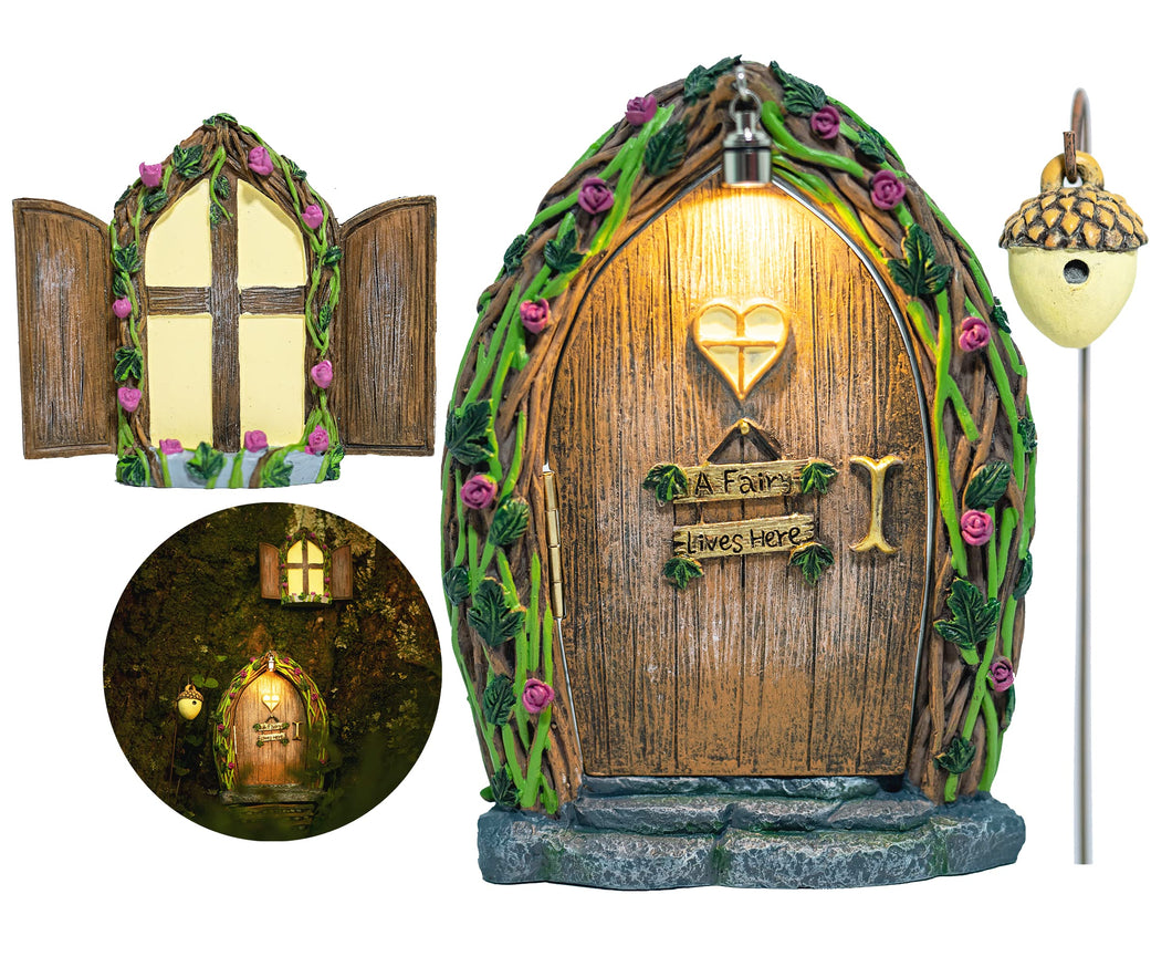 Opening Fairy Door & Window Set for Trees - Fairy Garden Kit with Light, Decor